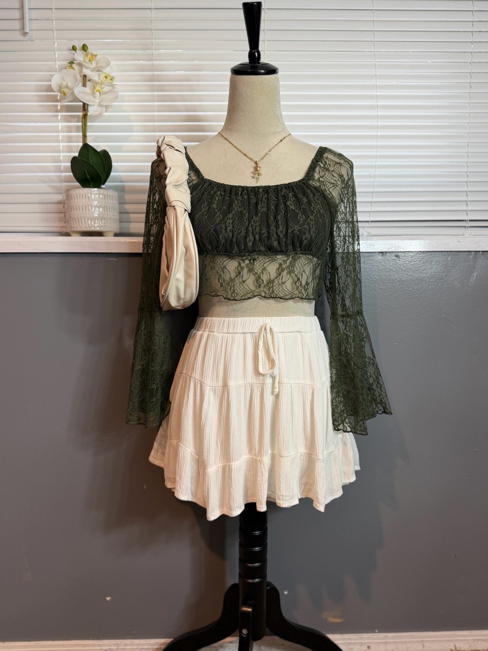Olive Green Floral Lace Bell Sleeve Crop Top Romantic Goth
